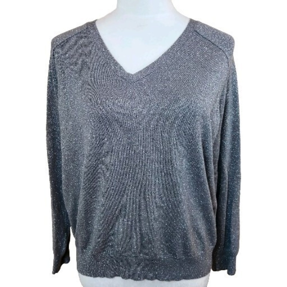 Talbots Womens V Neck Sweater Top Petite PXL Silver Gray Shimmer Sparkle Classic
